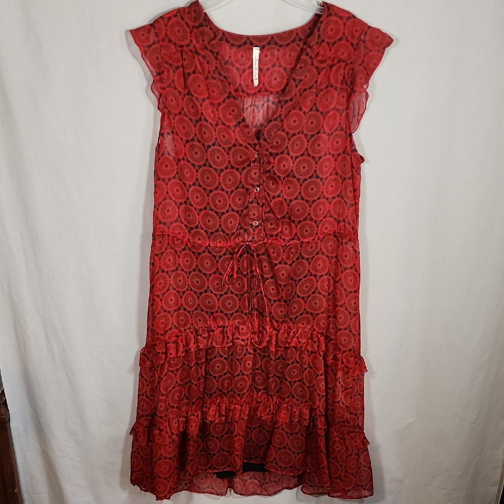 Willow & Clay Red Floral Ruffle Dress with Black Slip Size L - Picture 1 of 5